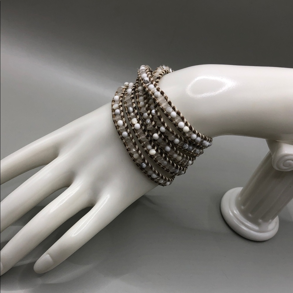 Chan Luu Howlite + Stone Bead Long Leather Wrap Bracelet  Sterling Silver 925